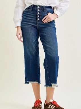 Judy Blue Dark Blue High-Rise Button-Fly Cropped Jeans
